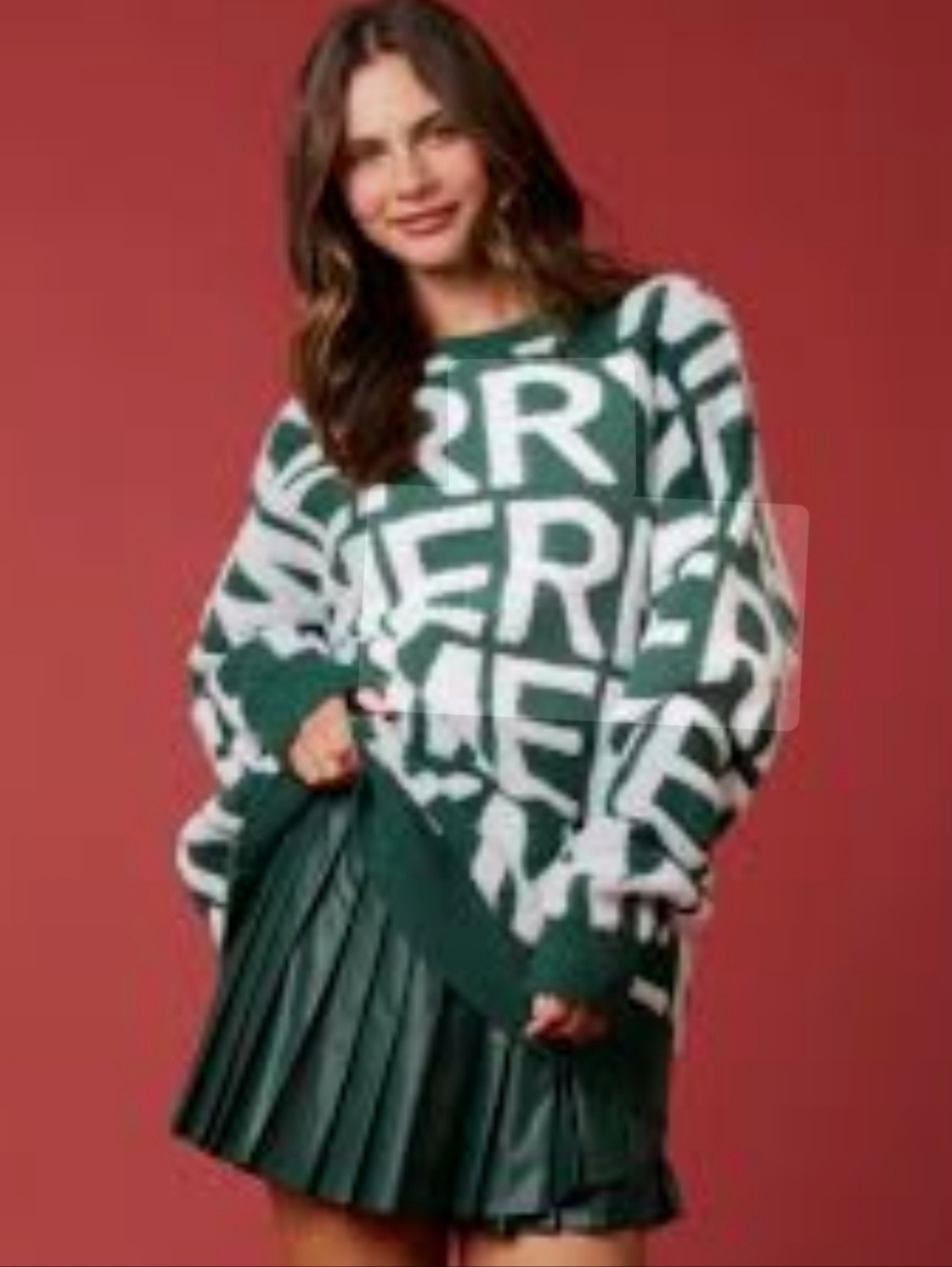 Peach Love California Green and White Graphic Letter Crewneck Sweater